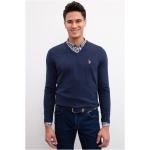 Men's Slim Navy Blue V-Neck Basic Knitwear Sweater - Image 3
