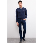 Men's Slim Navy Blue V-Neck Basic Knitwear Sweater - Image 2