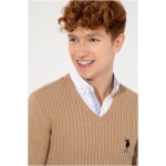 Men's Slim Camel Melange V-Neck Basic Knitwear Sweater - Image 2