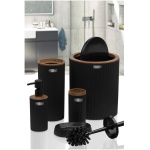 Black Wooden Patterned Striped Round 5-Piece Bathroom Set - Image 2