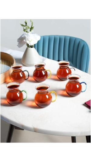 Perotti Keyfi Ala 6-Piece Borosilicate 200 ml Tea Glass Set with 6 Different Handle Colors