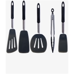 Heat Resistant Fireproof Non-stick Silicone, Stainless Steel Spatula Set 5 Pcs Black
